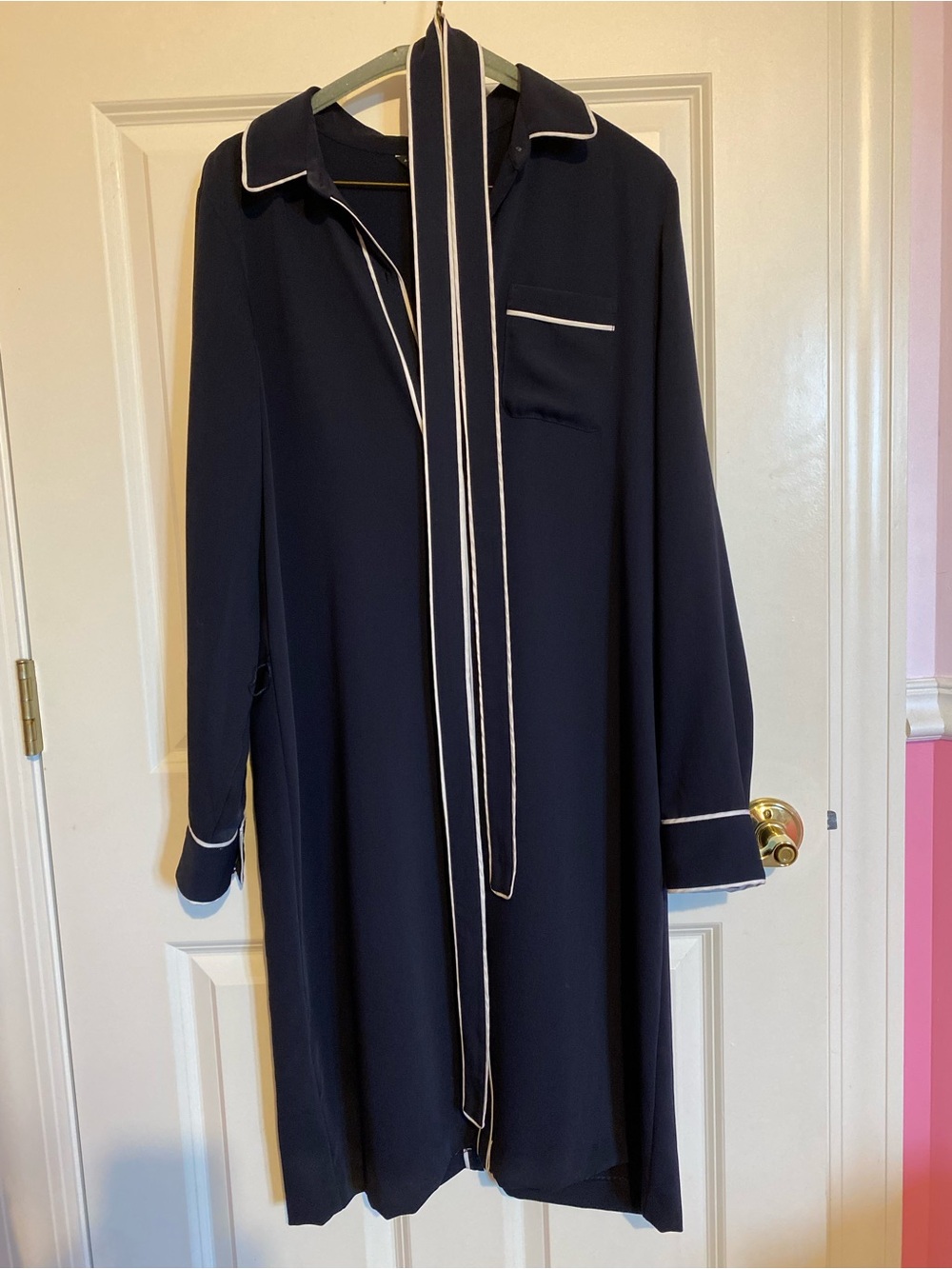 Ann Taylor navy blue white collared button down belted robe size medium